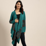 Women Teal Green & Black Geometric Patterned Longline Waterfall Shrug