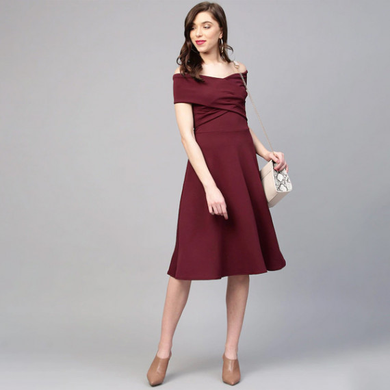 https://bloomwow.in/products/burgundy-off-shoulder-pleated-fit-flare-dress