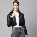 "Women Black Solid Cropped Puffer Jacket "