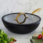 Signature Series Black & Gold-Toned Aluminum Frying Wok with Glass Lid