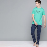 Men Sea Green & Navy Blue Printed Pure Cotton Night suit