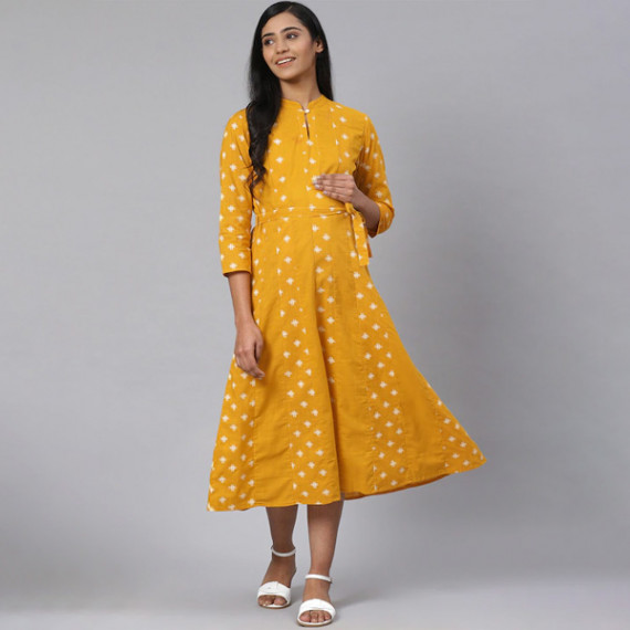 https://bloomwow.in/products/women-mustard-yellow-off-white-printed-pure-cotton-maternity-a-line-dress